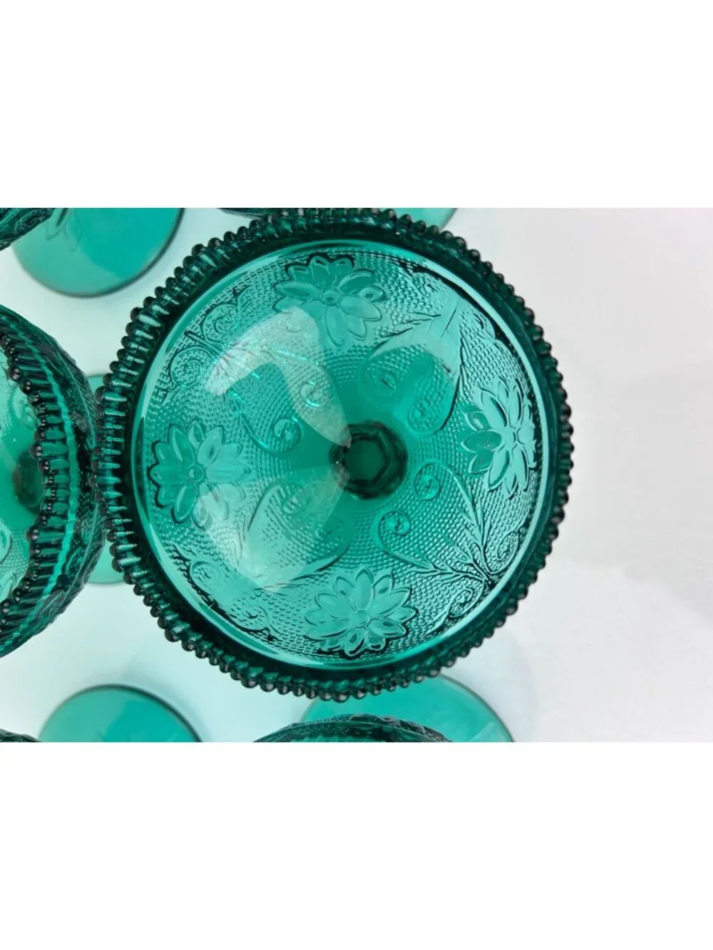 Tiara Indiana Green Glass Spruce Sherbet Compote Pedestal Bowls Cups Set of 6